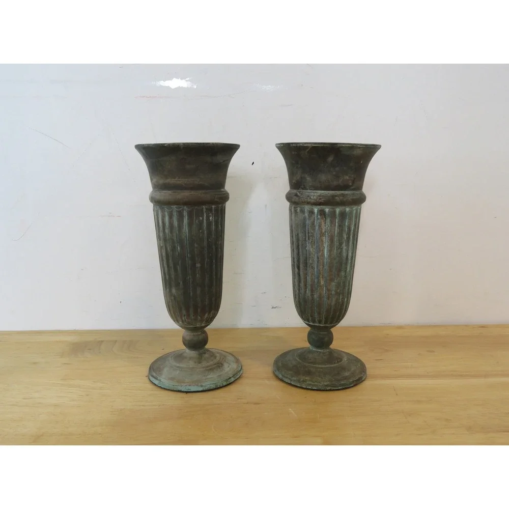 VTG Set of 2 Andrea by Sadek Metal Tulip Pedestal Vases with Verdigris Patina